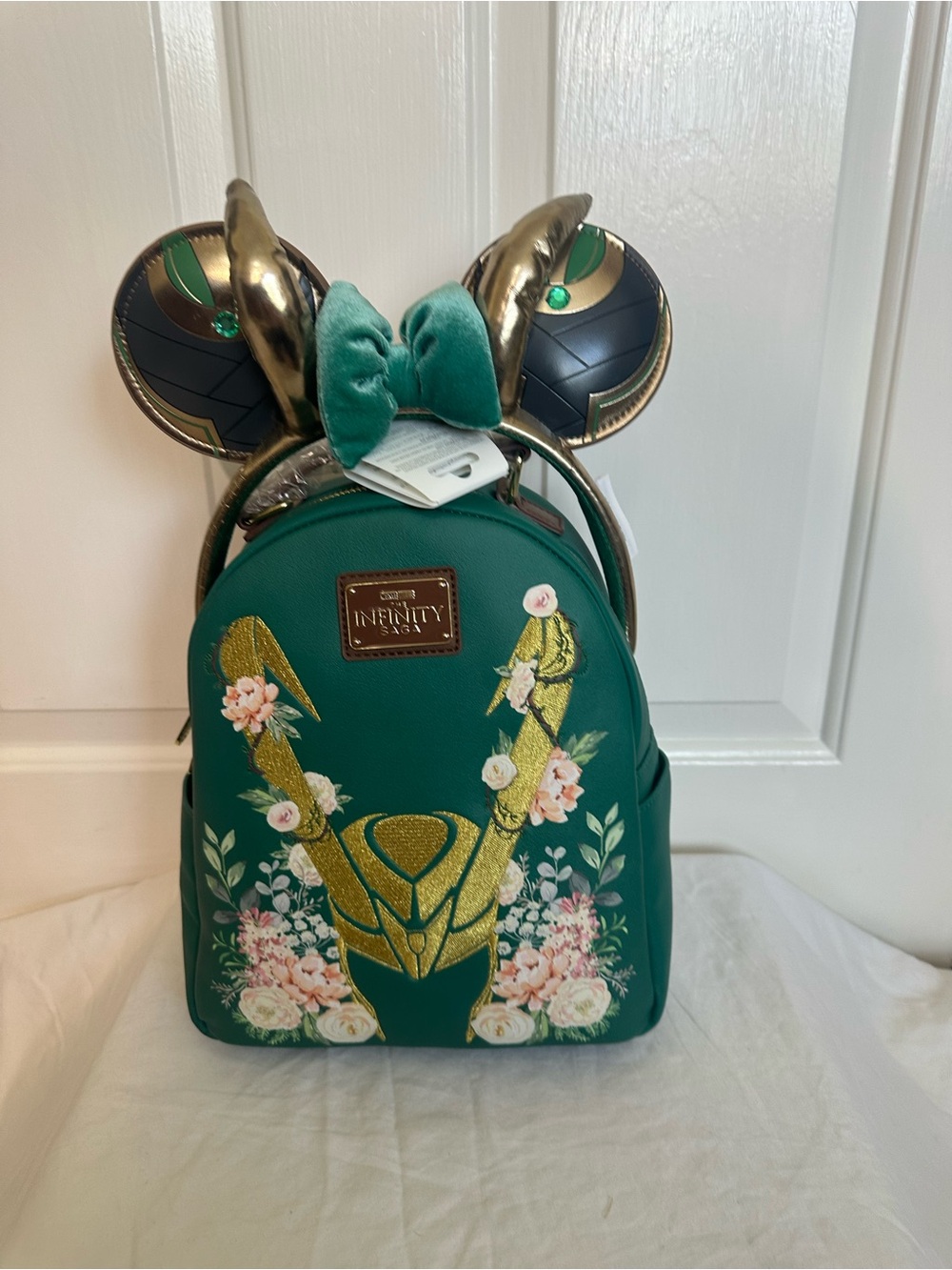 Loungefly Green & Gold Loki Floral Mini Backpack with Ear Headband